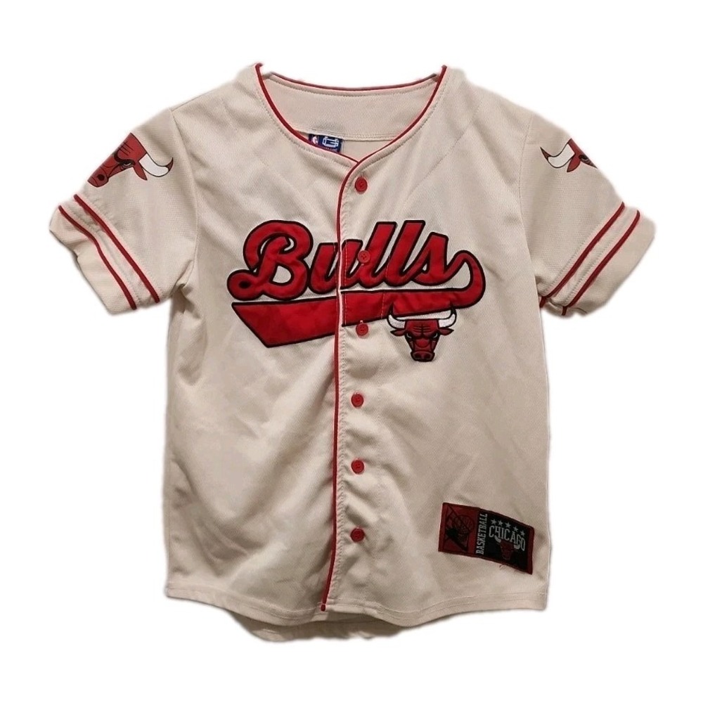 Ultra Game NBA Chicago Bulls Button Up Baseball Jersey Off White Youth Sz 10-12